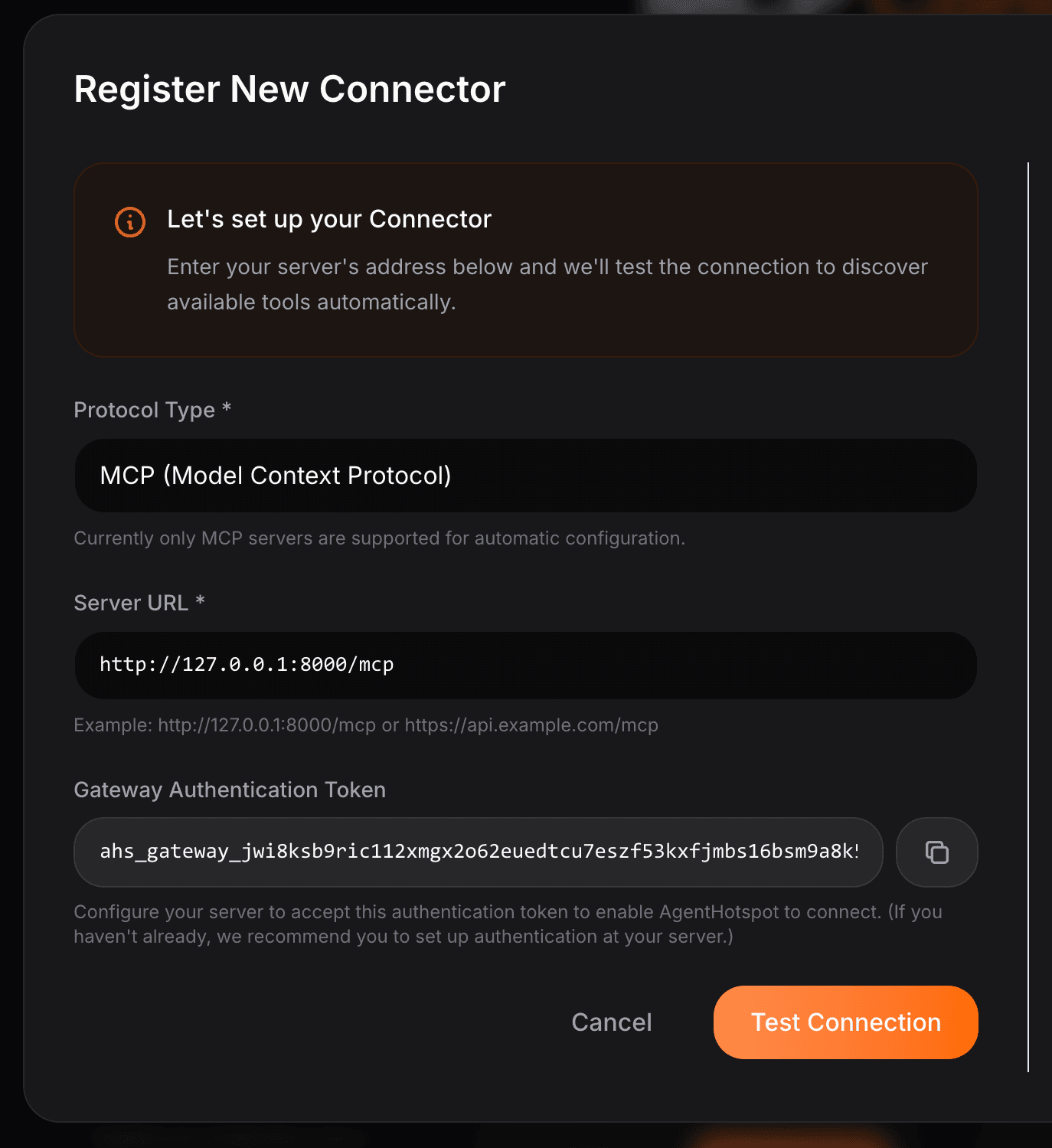Demo screenshot of registering a new connector