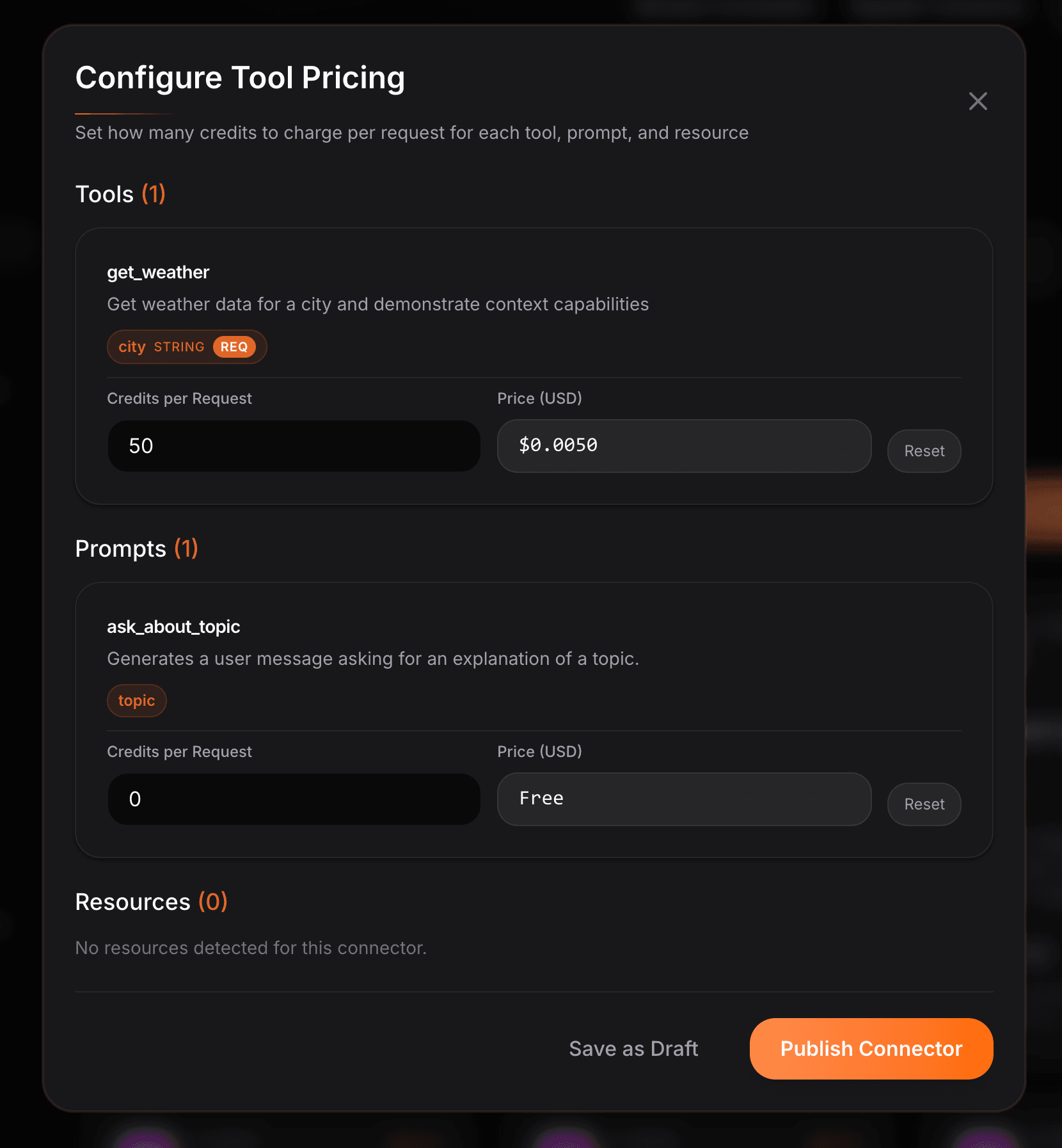 Demo screenshot of configuring tool pricing